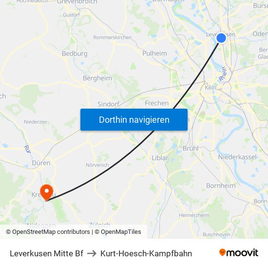 Leverkusen Mitte Bf to Kurt-Hoesch-Kampfbahn map