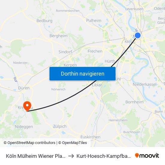 Köln Mülheim Wiener Platz to Kurt-Hoesch-Kampfbahn map