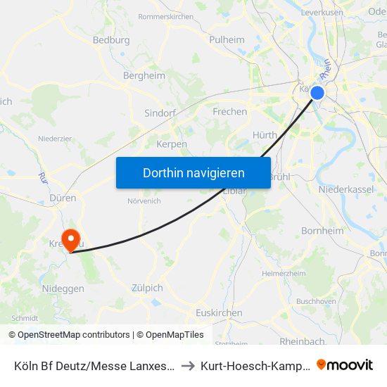 Köln Bf Deutz/Messe Lanxess Arena to Kurt-Hoesch-Kampfbahn map