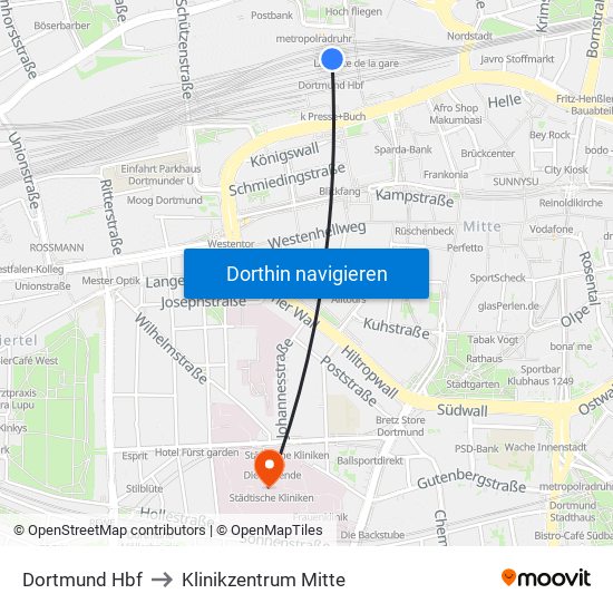 Dortmund Hbf to Klinikzentrum Mitte map