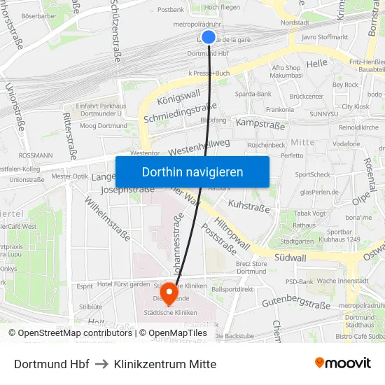 Dortmund Hbf to Klinikzentrum Mitte map