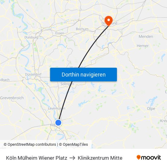 Köln Mülheim Wiener Platz to Klinikzentrum Mitte map