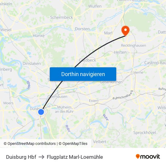 Duisburg Hbf to Flugplatz Marl-Loemühle map