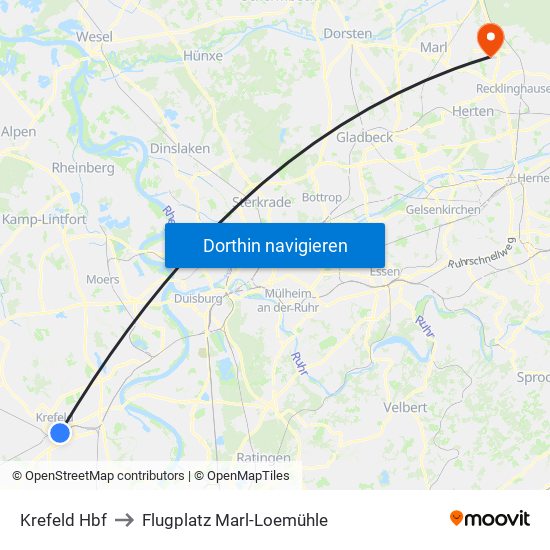 Krefeld Hbf to Flugplatz Marl-Loemühle map