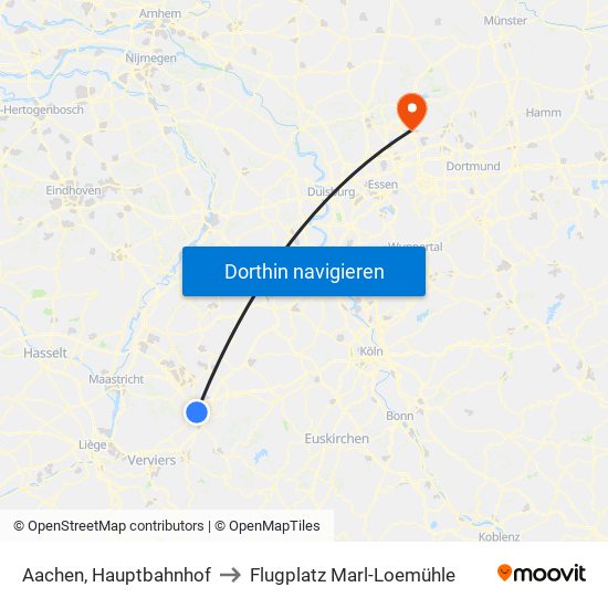 Aachen, Hauptbahnhof to Flugplatz Marl-Loemühle map