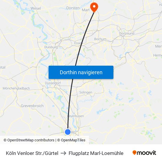 Köln Venloer Str./Gürtel to Flugplatz Marl-Loemühle map