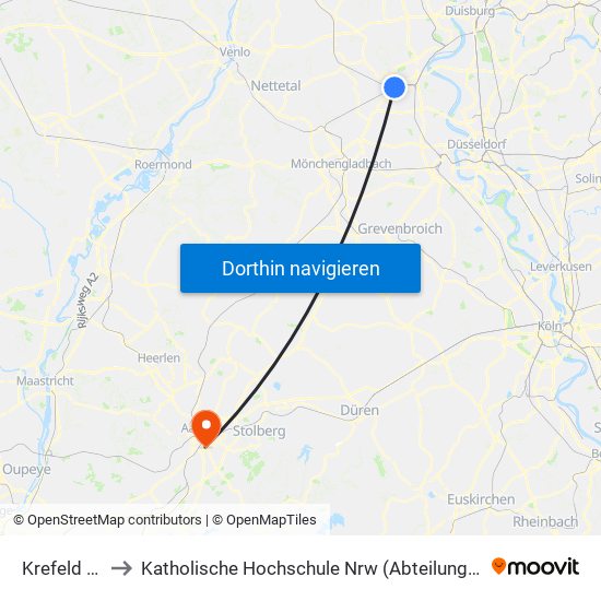 Krefeld Hbf to Katholische Hochschule Nrw (Abteilung Aachen) map