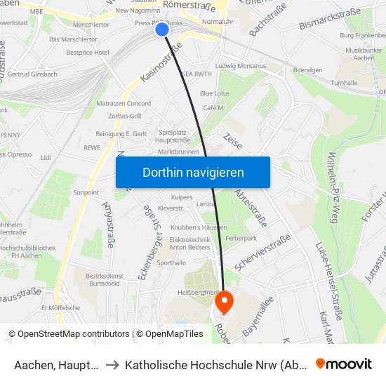 Aachen, Hauptbahnhof to Katholische Hochschule Nrw (Abteilung Aachen) map