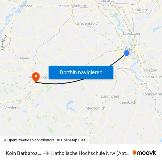 Köln Barbarossaplatz to Katholische Hochschule Nrw (Abteilung Aachen) map