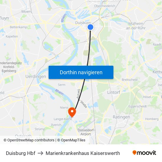 Duisburg Hbf to Marienkrankenhaus Kaiserswerth map