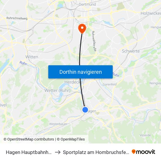 Hagen Hauptbahnhof to Sportplatz am Hombruchsfeld map