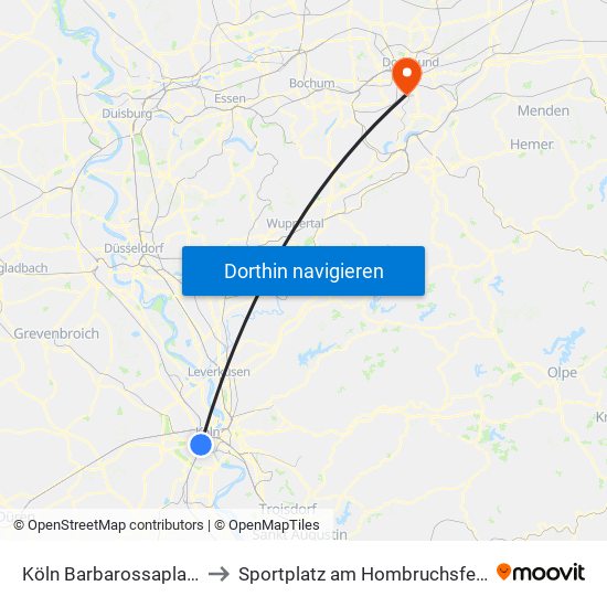 Köln Barbarossaplatz to Sportplatz am Hombruchsfeld map