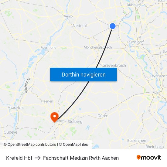 Krefeld Hbf to Fachschaft Medizin Rwth Aachen map