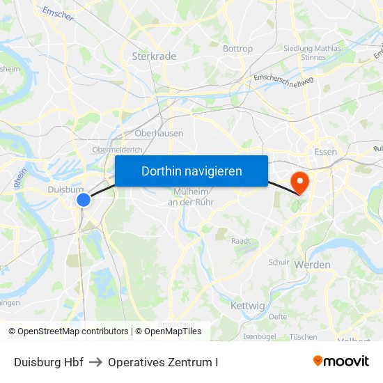 Duisburg Hbf to Operatives Zentrum I map