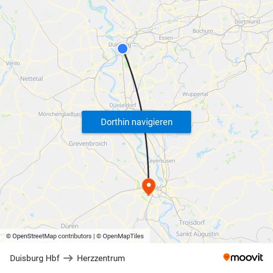 Duisburg Hbf to Herzzentrum map