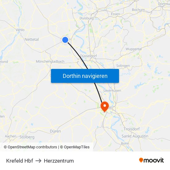 Krefeld Hbf to Herzzentrum map