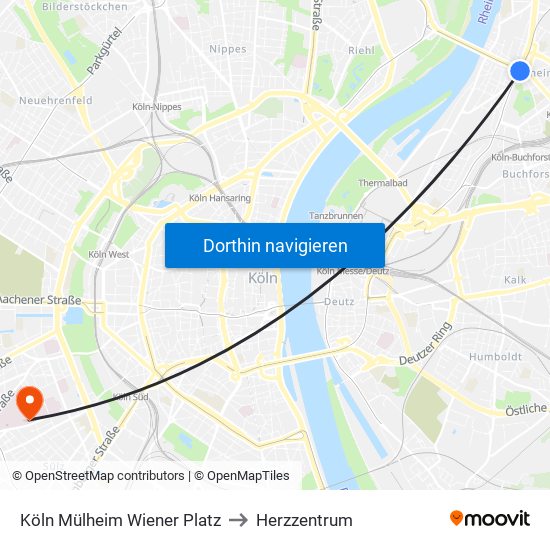 Köln Mülheim Wiener Platz to Herzzentrum map