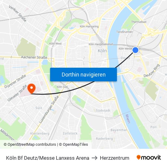 Köln Bf Deutz/Messe Lanxess Arena to Herzzentrum map