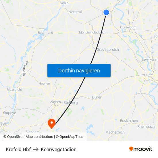 Krefeld Hbf to Kehrwegstadion map