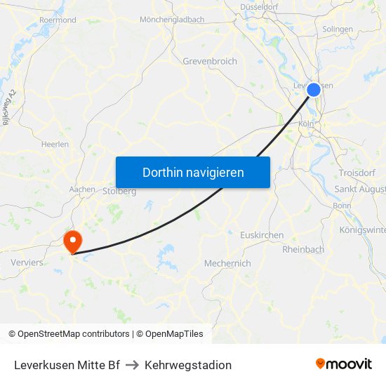Leverkusen Mitte Bf to Kehrwegstadion map