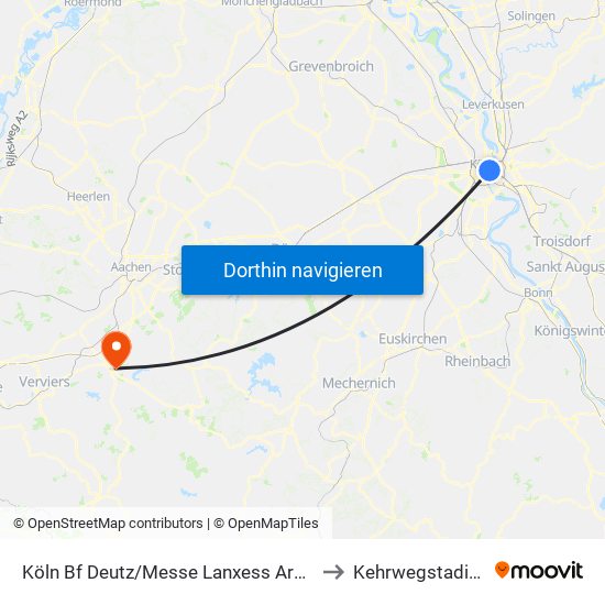 Köln Bf Deutz/Messe Lanxess Arena to Kehrwegstadion map