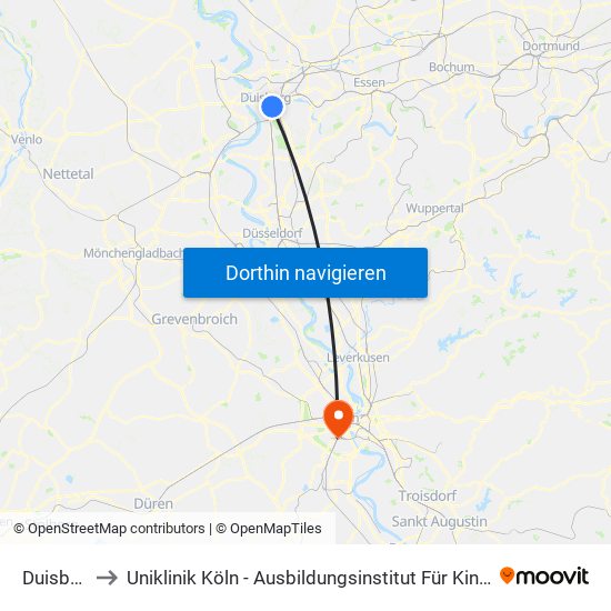 Duisburg Hbf to Uniklinik Köln - Ausbildungsinstitut Für Kinder- Und Jugendpsychotherapie map