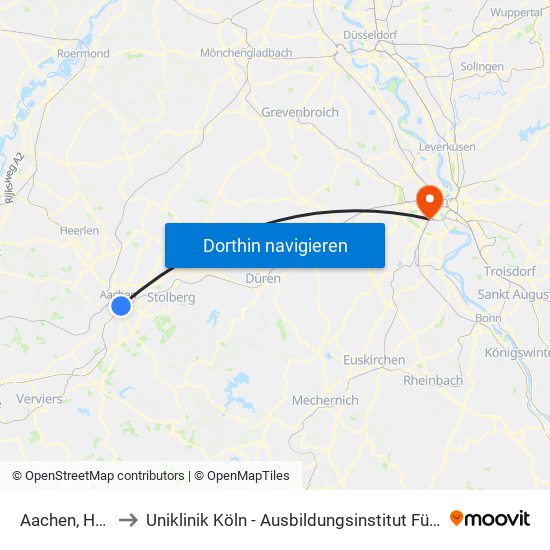 Aachen, Hauptbahnhof to Uniklinik Köln - Ausbildungsinstitut Für Kinder- Und Jugendpsychotherapie map