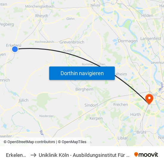 Erkelenz, Bahnhof to Uniklinik Köln - Ausbildungsinstitut Für Kinder- Und Jugendpsychotherapie map