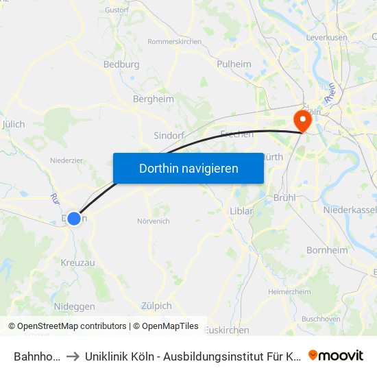 Bahnhof - Düren to Uniklinik Köln - Ausbildungsinstitut Für Kinder- Und Jugendpsychotherapie map