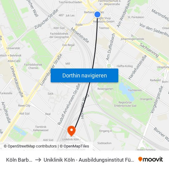 Köln Barbarossaplatz to Uniklinik Köln - Ausbildungsinstitut Für Kinder- Und Jugendpsychotherapie map