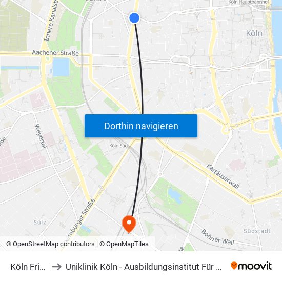 Köln Friesenplatz to Uniklinik Köln - Ausbildungsinstitut Für Kinder- Und Jugendpsychotherapie map
