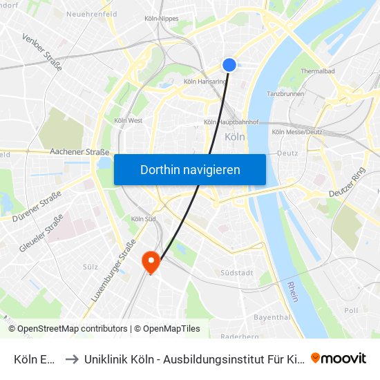Köln Ebertplatz to Uniklinik Köln - Ausbildungsinstitut Für Kinder- Und Jugendpsychotherapie map