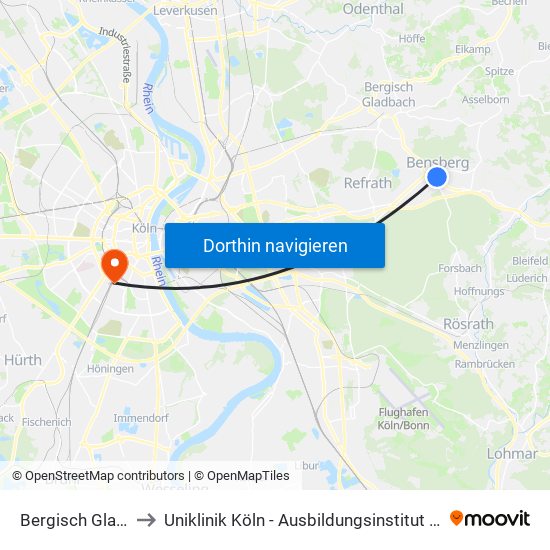 Bergisch Gladbach Bensberg to Uniklinik Köln - Ausbildungsinstitut Für Kinder- Und Jugendpsychotherapie map