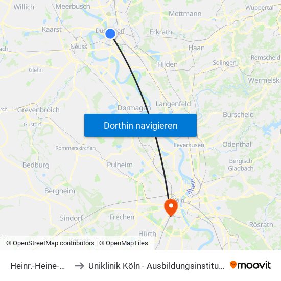 Heinr.-Heine-Allee U - Düsseldorf to Uniklinik Köln - Ausbildungsinstitut Für Kinder- Und Jugendpsychotherapie map