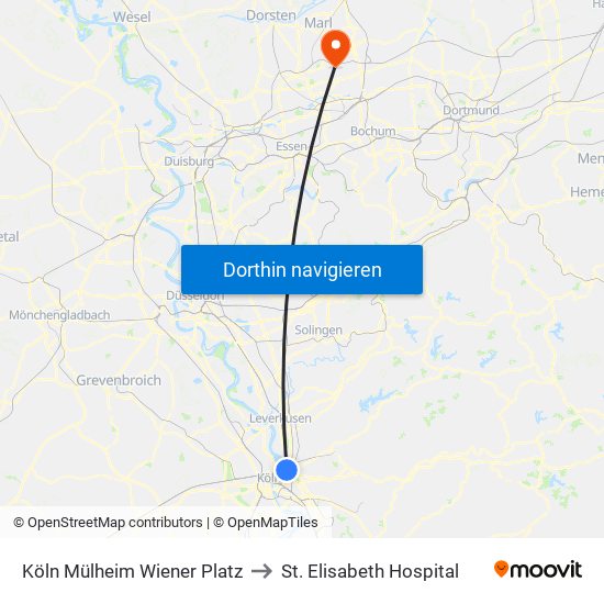 Köln Mülheim Wiener Platz to St. Elisabeth Hospital map