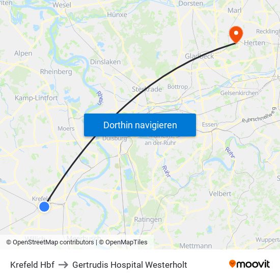 Krefeld Hbf to Gertrudis Hospital Westerholt map