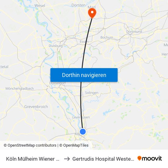 Köln Mülheim Wiener Platz to Gertrudis Hospital Westerholt map