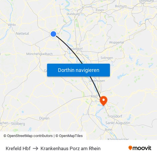 Krefeld Hbf to Krankenhaus Porz am Rhein map