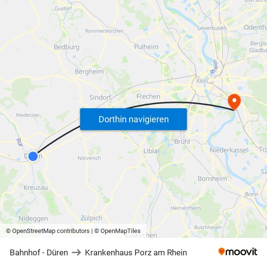 Bahnhof - Düren to Krankenhaus Porz am Rhein map