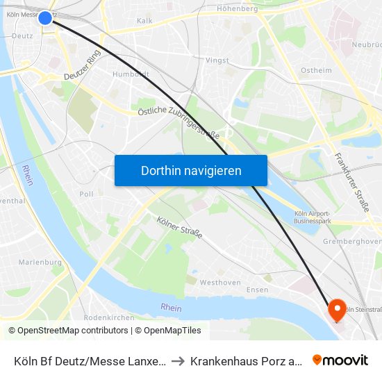 Köln Bf Deutz/Messe Lanxess Arena to Krankenhaus Porz am Rhein map
