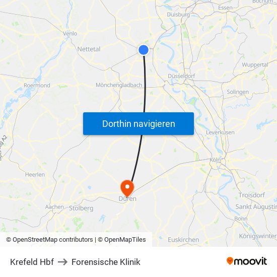 Krefeld Hbf to Forensische Klinik map