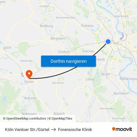 Köln Venloer Str./Gürtel to Forensische Klinik map