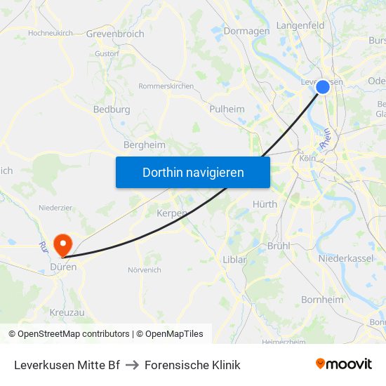 Leverkusen Mitte Bf to Forensische Klinik map