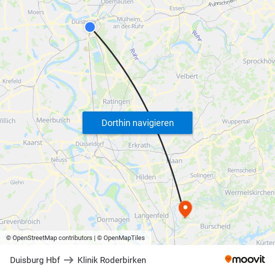 Duisburg Hbf to Klinik Roderbirken map