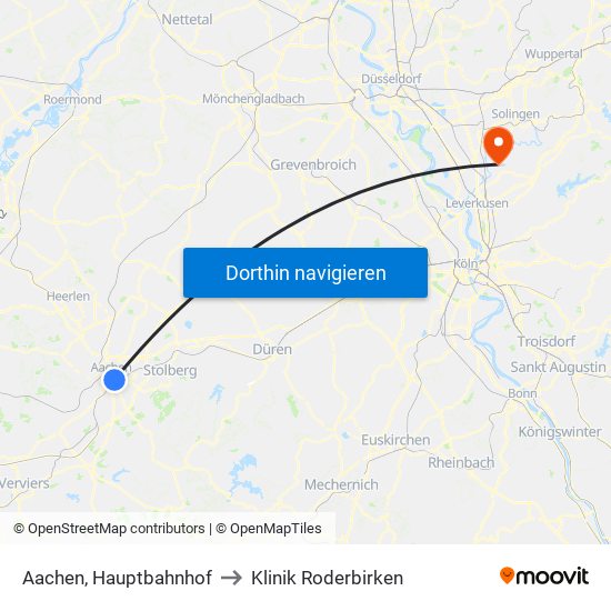 Aachen, Hauptbahnhof to Klinik Roderbirken map