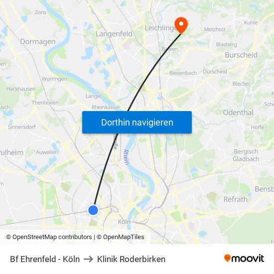 Bf Ehrenfeld - Köln to Klinik Roderbirken map