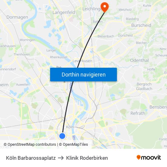 Köln Barbarossaplatz to Klinik Roderbirken map