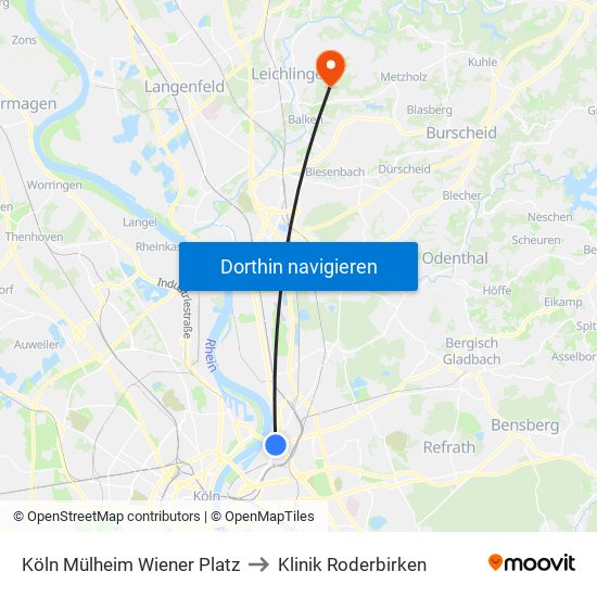 Köln Mülheim Wiener Platz to Klinik Roderbirken map