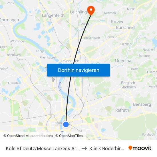 Köln Bf Deutz/Messe Lanxess Arena to Klinik Roderbirken map