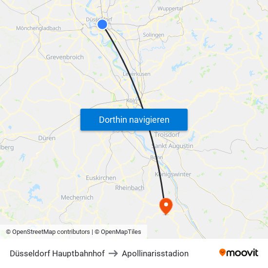 Düsseldorf Hauptbahnhof to Apollinarisstadion map